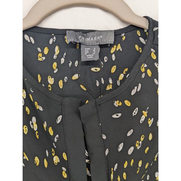 Primark Dotted Blouse 4 Black Yellow Split VNeck Long Sleeves Staple Printed Top - Picture 2 of 9